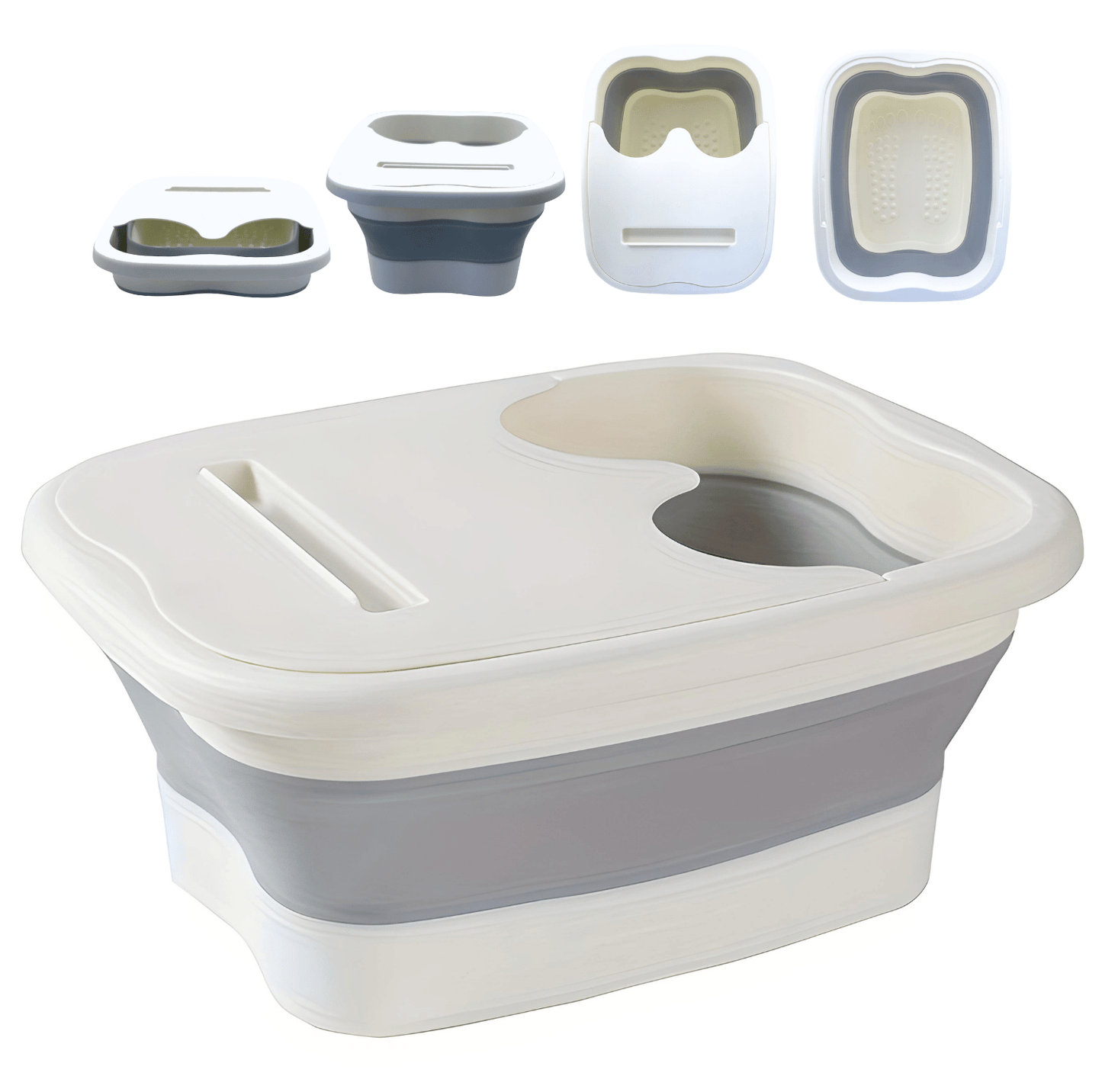Space saving collapsible foot spa bath shown collapsed and fully expanded for easy storage