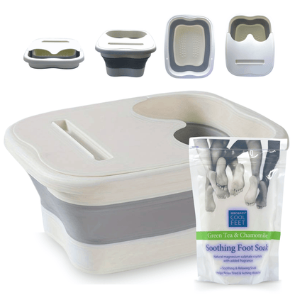 Collapsible foot spa bath shown from multiple angles including folded and expanded design for compact storage