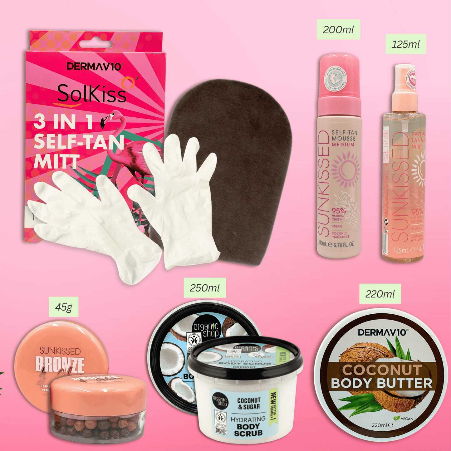 Dermav10 SolKiss self tanning kit contents showing mousse, tanning mist, mitt, gloves, body scrub, body butter and bronzing pearls with sizes