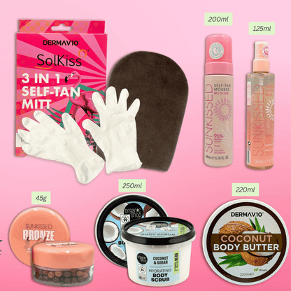 Dermav10 SolKiss self tanning kit contents showing mousse, tanning mist, mitt, gloves, body scrub, body butter and bronzing pearls with sizes