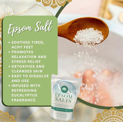 Eucalyptus epsom salts foot soak shown with crystals dissolving in water, designed to soothe tired feet, promote relaxation and relieve stress