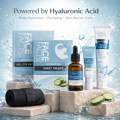 Face Facts Hyaluronic Acid skincare set with water splash background highlighting hydration, plumping and skin barrier care