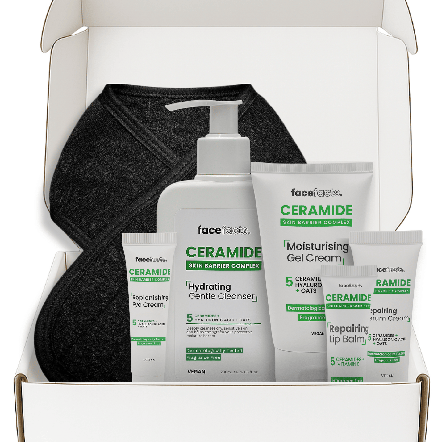 Face Facts ceramide skin barrier gift set displayed inside packaging box with full skincare routine and adjustable spa headband.
