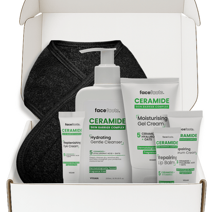 Face Facts ceramide skin barrier gift set displayed inside packaging box with full skincare routine and adjustable spa headband.