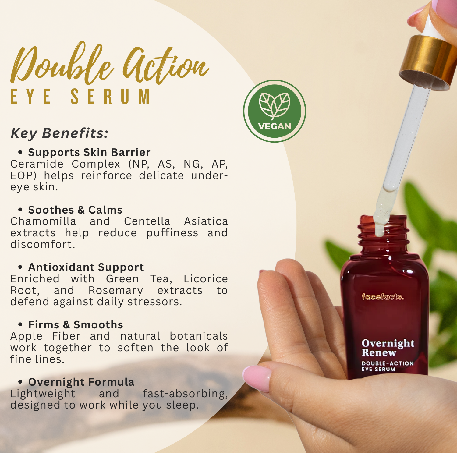 Face Facts Overnight Renew double-action eye serum shown with dropper, highlighting barrier support, soothing botanicals and overnight eye care.