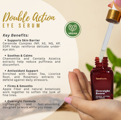 Face Facts Overnight Renew double-action eye serum shown with dropper, highlighting barrier support, soothing botanicals and overnight eye care.