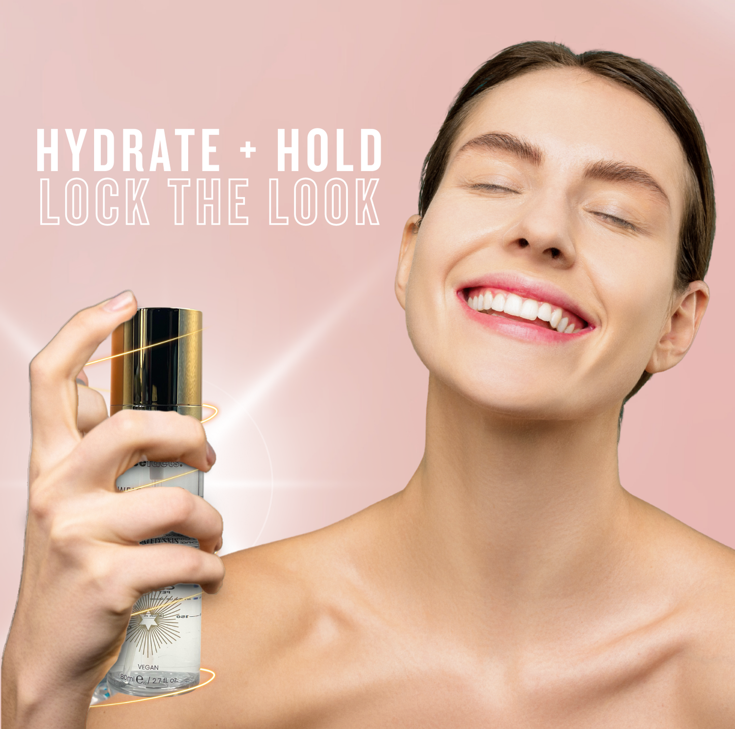Model using Face Facts weightless setting spray to hydrate skin and lock makeup in place with a natural dewy glow finish.
