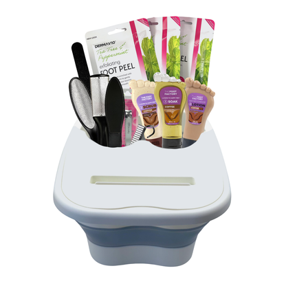 Foldable foot spa tub featuring coffee foot soak, foot scrub, foot lotion, exfoliating foot peel masks, and professional pedicure tools for at-home foot care.