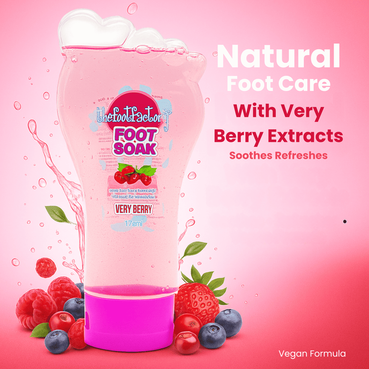 Foot Factory very berry foot soak with mixed berries and water splash, highlighting natural berry extracts for refreshing at home foot care.