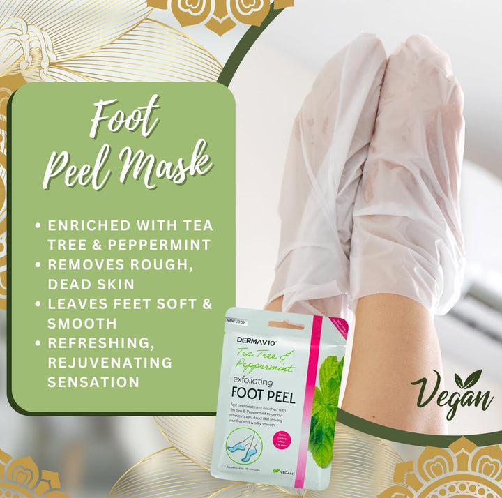 Foot peel mask enriched with tea tree and peppermint used to exfoliate rough dead skin and leave feet soft and smooth