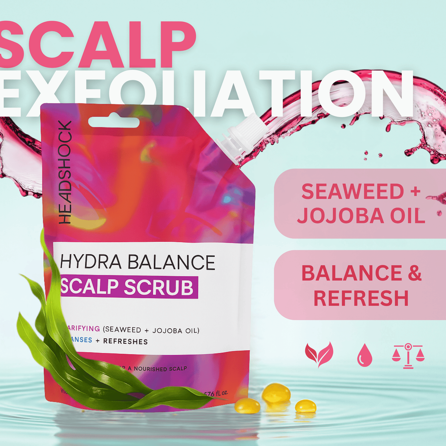 Headshock Hydra Balance scalp scrub pouch showing seaweed and jojoba oil exfoliating formula designed to cleanse and refresh the scalp.