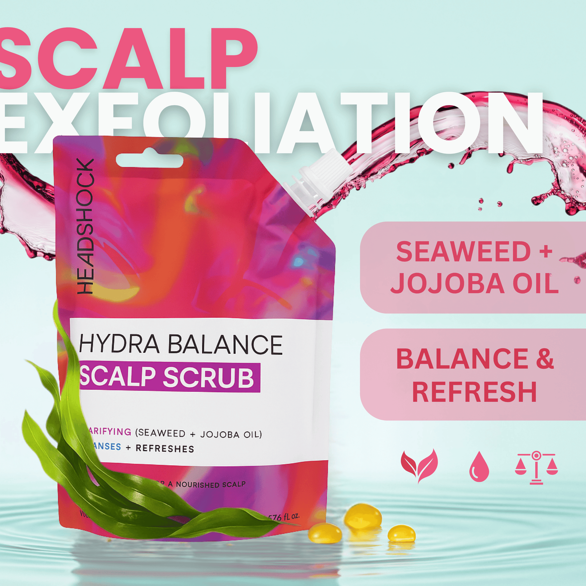 Headshock Hydra Balance scalp scrub pouch showing seaweed and jojoba oil exfoliating formula designed to cleanse and refresh the scalp.