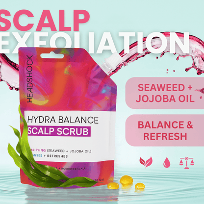 Headshock Hydra Balance scalp scrub pouch showing seaweed and jojoba oil exfoliating formula designed to cleanse and refresh the scalp.