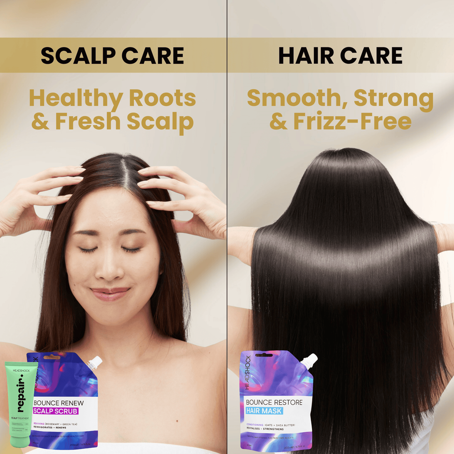 Split image showing scalp care and hair care results using scalp scrub and hair mask for healthier roots and smooth frizz-free hair.