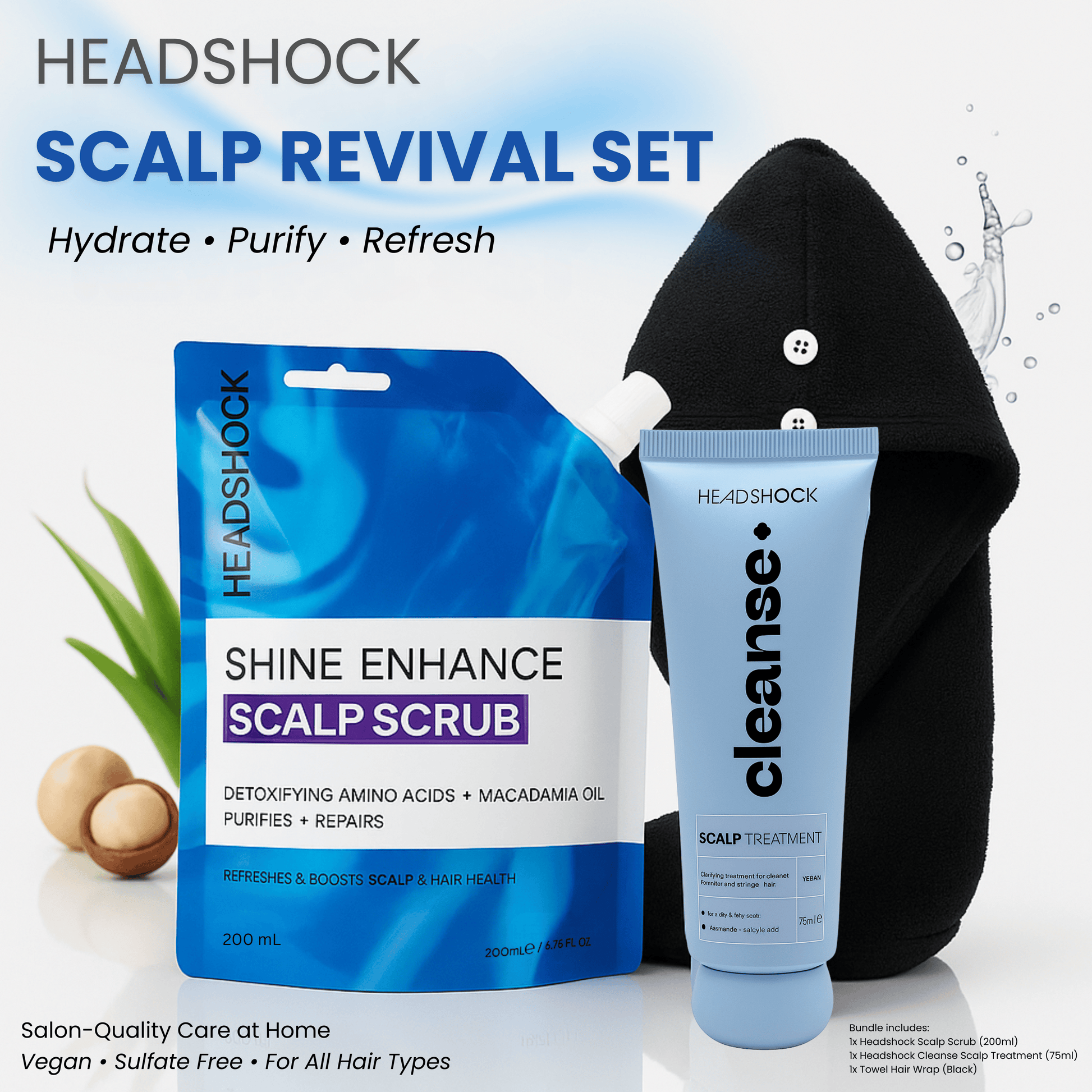 Headshock scalp revival set shown with scalp scrub, cleanse treatment and hair wrap towel highlighting hydrated, purified and refreshed scalp care.