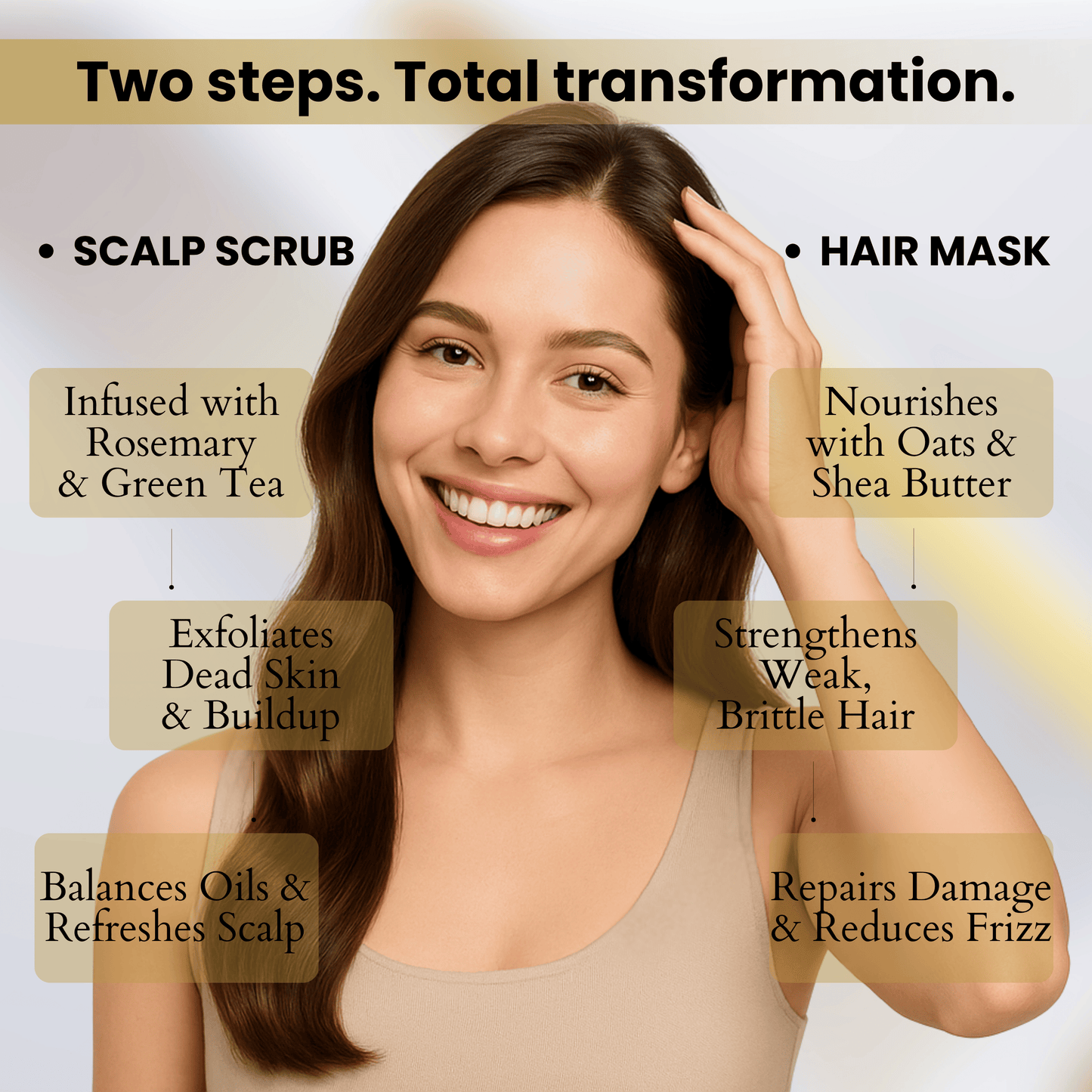 Woman showing results from scalp scrub and hair mask routine, highlighting exfoliating scalp care and nourishing hair treatment benefits.