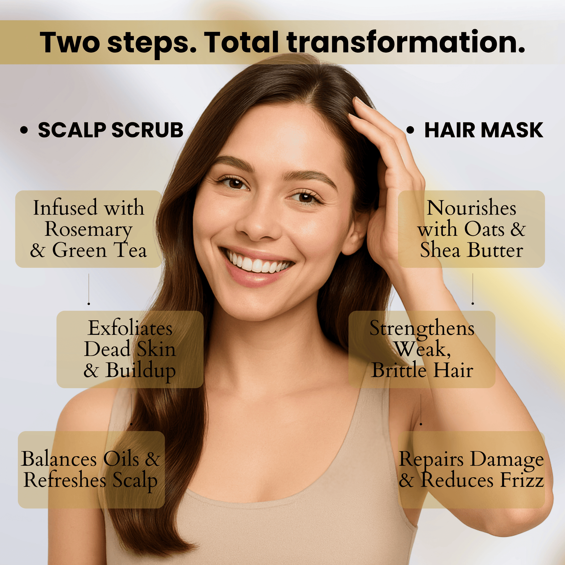 Woman showing results from scalp scrub and hair mask routine, highlighting exfoliating scalp care and nourishing hair treatment benefits.