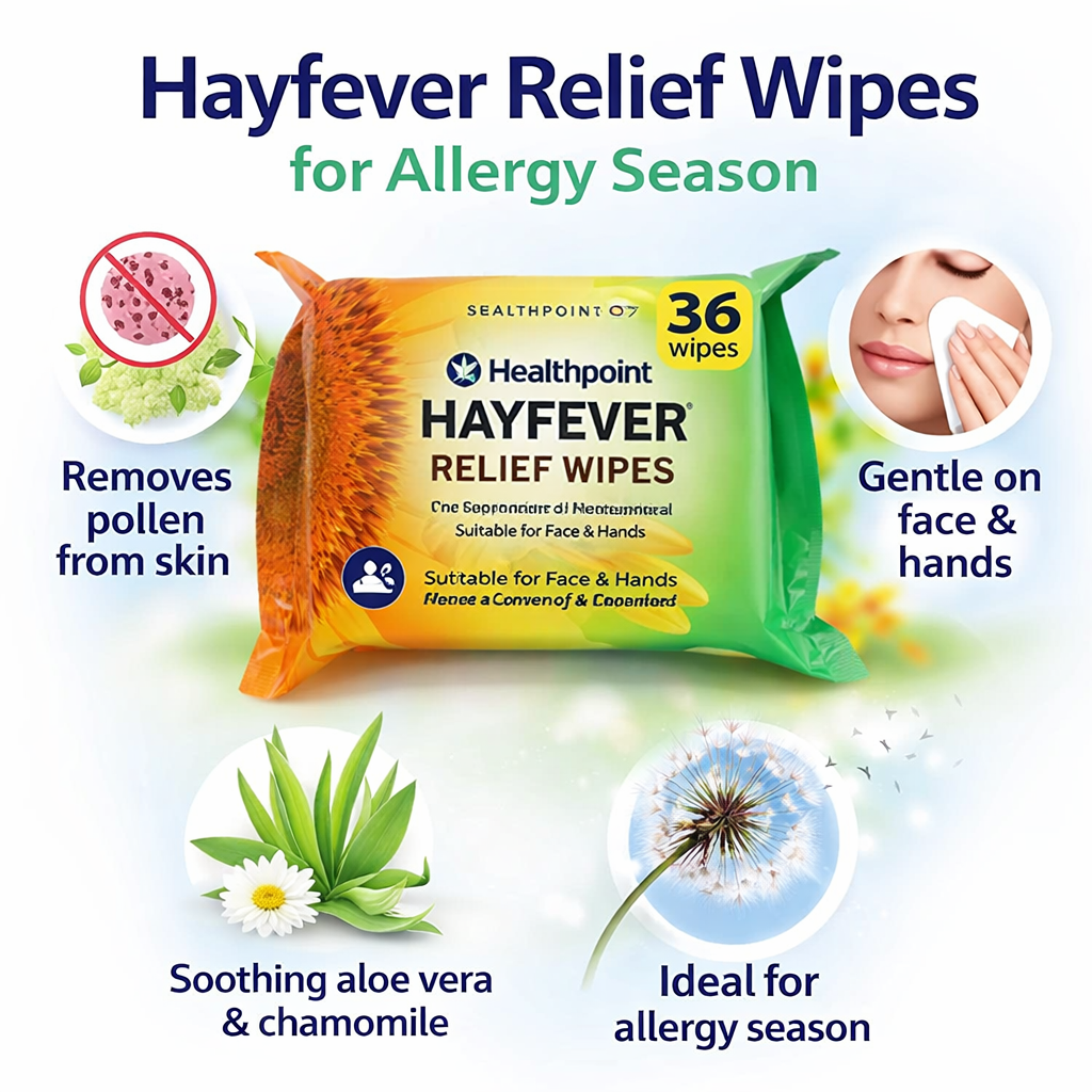 Healthpoint hayfever relief wipes pack with 36 wipes designed to remove pollen and common allergens from skin