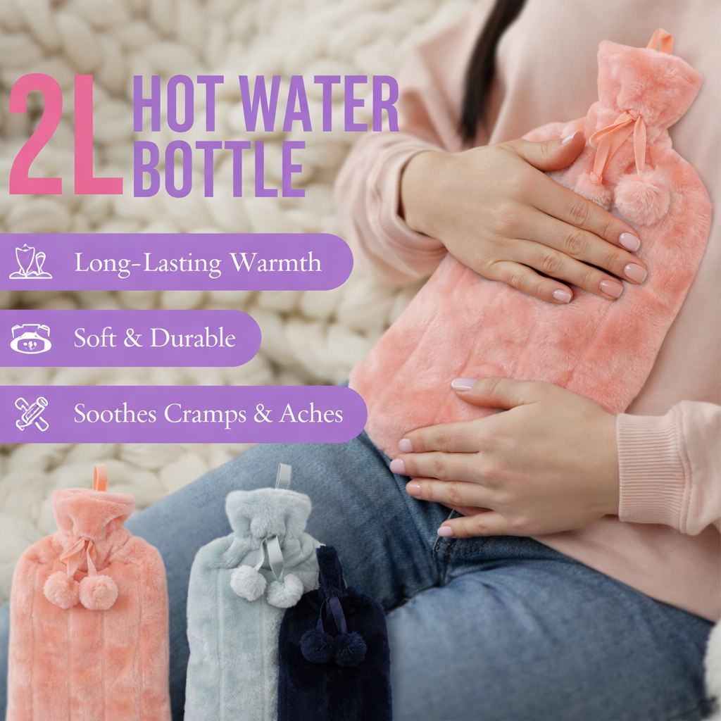 2L hot water bottle for period cramps with soft plush cover designed for menstrual pain relief and comfort for teens and women