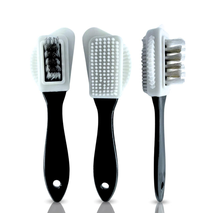 Multi angle view of suede and nubuck cleaning brush showing bristles, rubber texture, and ergonomic handle
