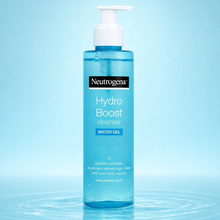 Neutrogena Hydro Boost water gel cleanser bottle with hyaluronic acid on a fresh blue background