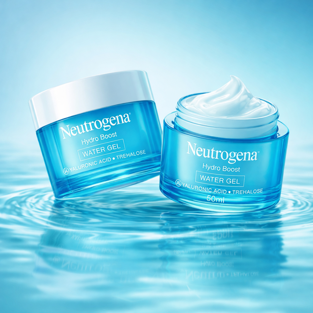 Neutrogena Hydro Boost water gel moisturiser with hyaluronic acid showing fresh gel texture and hydration effect