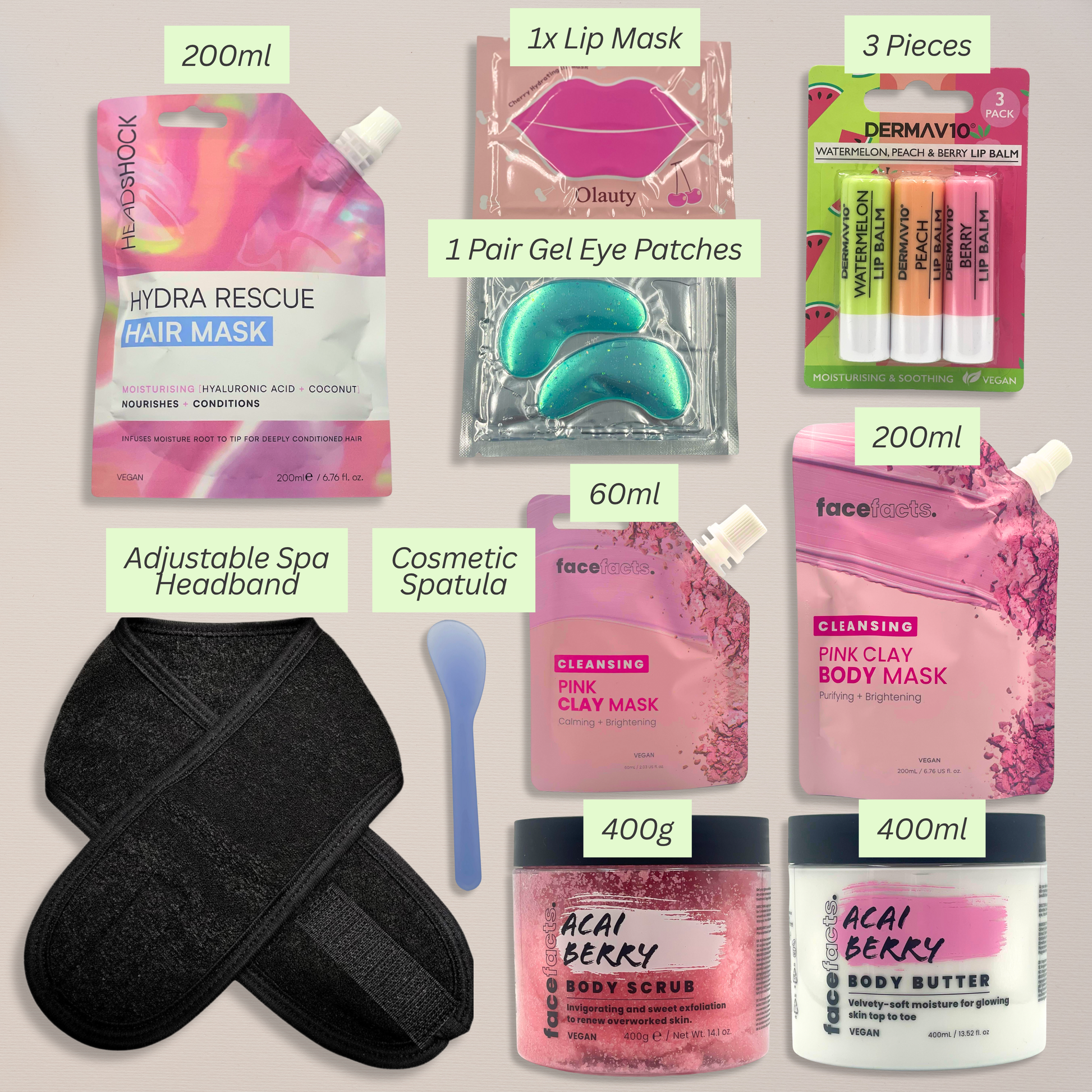 Pink clay spa gift set contents including hair mask, body mask, body scrub, body butter, lip mask, eye patches, lip balms and spa accessories