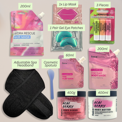 Pink clay spa gift set contents including hair mask, body mask, body scrub, body butter, lip mask, eye patches, lip balms and spa accessories
