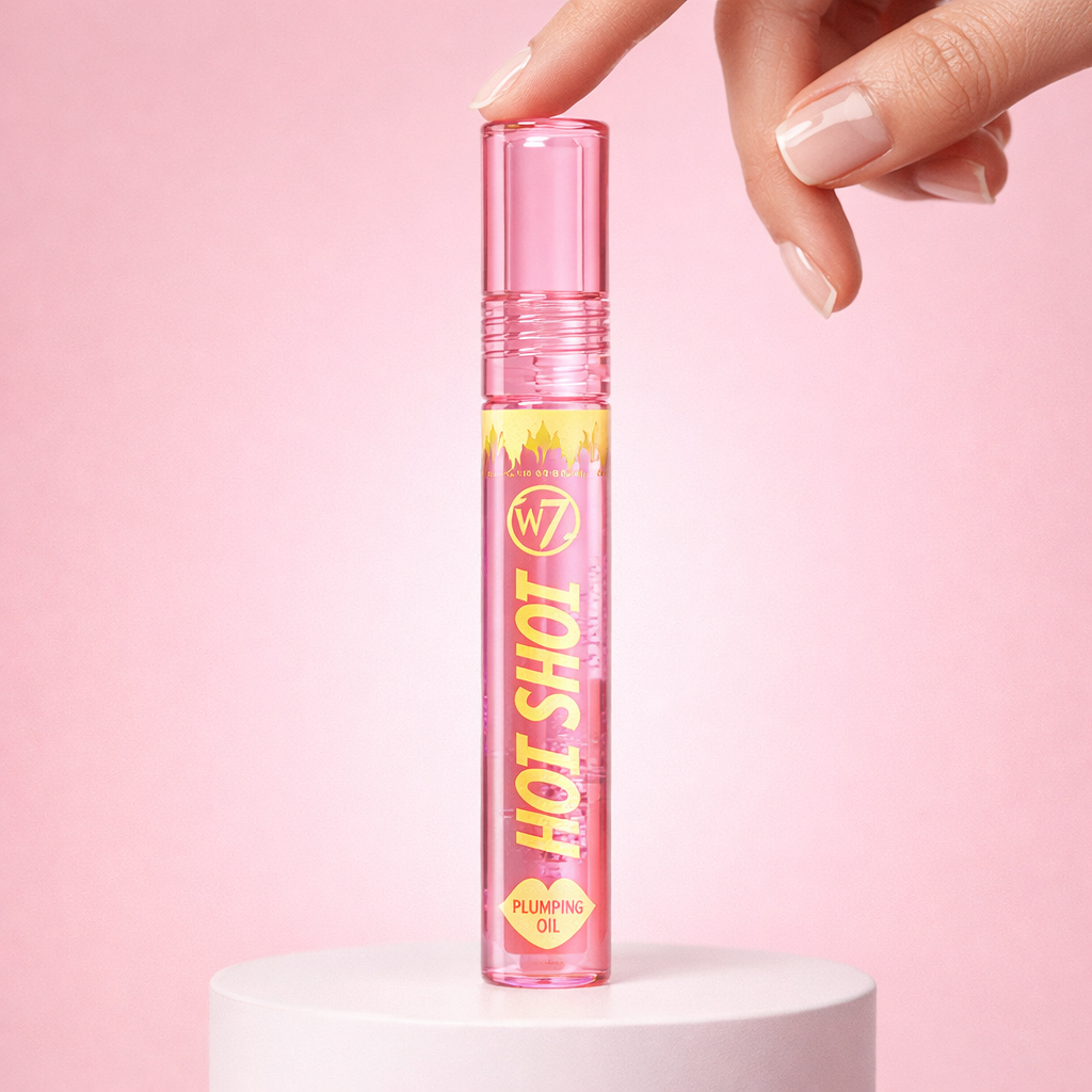 Plumping lip oil standing upright on a pink background with glossy finish and clear applicator