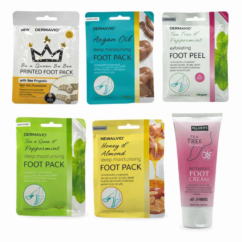 Printed foot pack with bee propolis designed to deeply moisturise dry feet and soften rough cracked heels