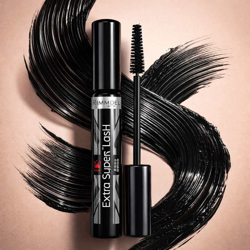 Rimmel Extra Super Lash mascara shown with bold black brush strokes highlighting volumising lash texture
