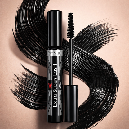 Rimmel Extra Super Lash mascara shown with bold black brush strokes highlighting volumising lash texture