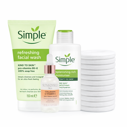 Simple skincare routine set including facial wash, rich moisturiser, collagen vitamin C serum and reusable white face towels