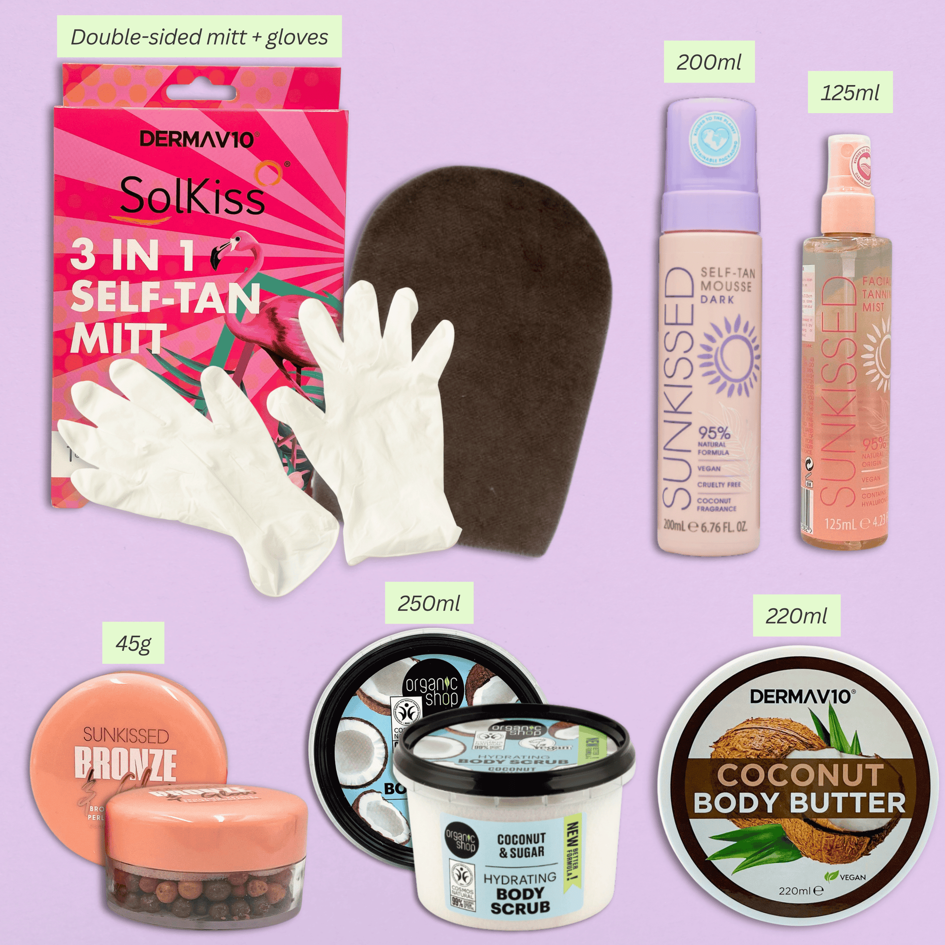 SolKiss dark self tan kit contents showing self tan mousse, facial tanning mist, tanning mitt, gloves, coconut body scrub, coconut body butter and bronze glow balm with sizes