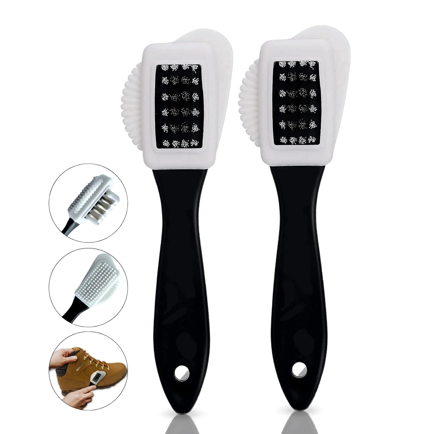 Suede and nubuck cleaning brush showing bristles, rubber surface, and gentle stain removal features
