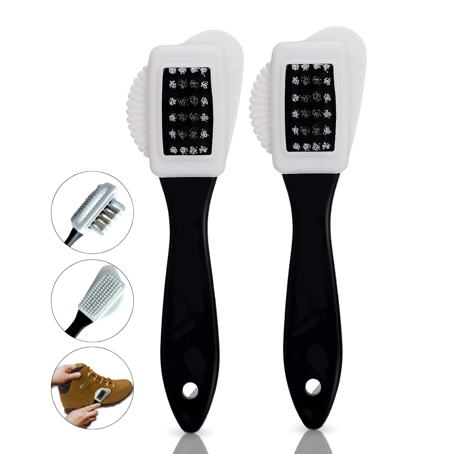 Suede and nubuck cleaning brush showing bristles, rubber surface, and gentle stain removal features
