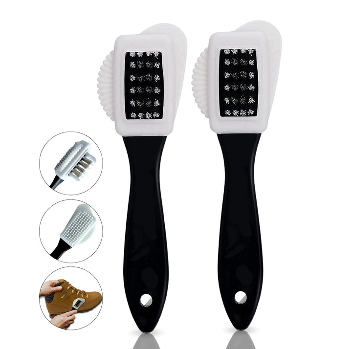 Suede and nubuck cleaning brush showing bristles, rubber surface and gentle stain removal features