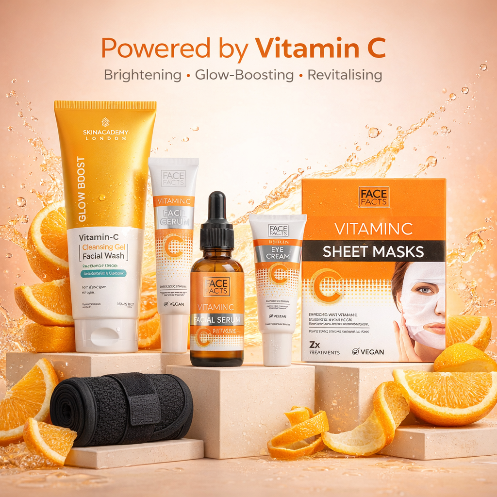 Vitamin C skincare collection with orange slices and water splash highlighting brightening, glow boosting and revitalising benefits