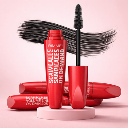 Black volumizing mascara with brush applicator and lash texture swipe on a soft background