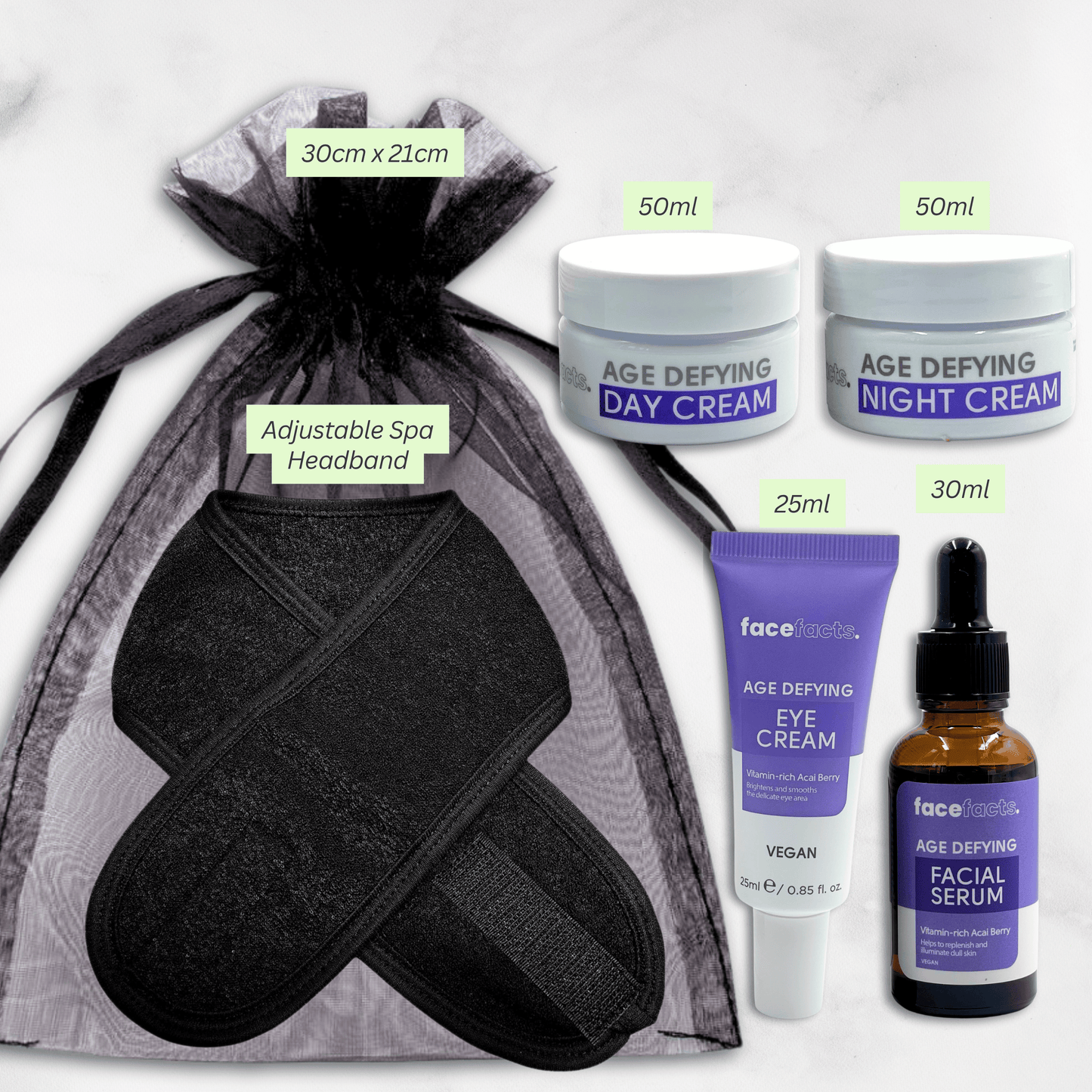 Age Defying Vegan Skincare Gift Set – Acai Berry Face Care Collection with Serum, Eye Cream, Day & Night Cream in Gift Bag