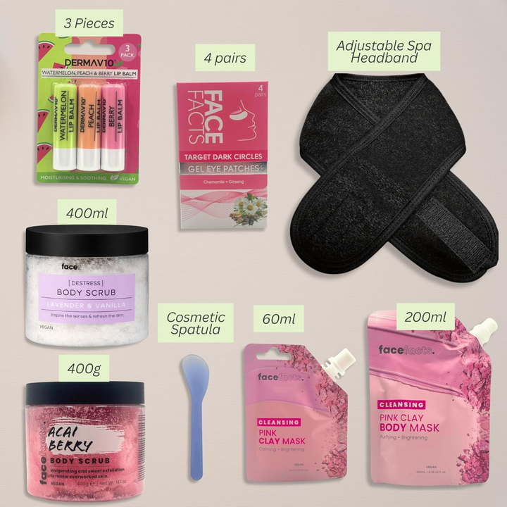 Contents of the VikingTreat glow and nourish pamper gift set skincare kit