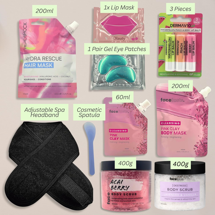 Contents of the VikingTreat vegan luxury spa and bath gift set