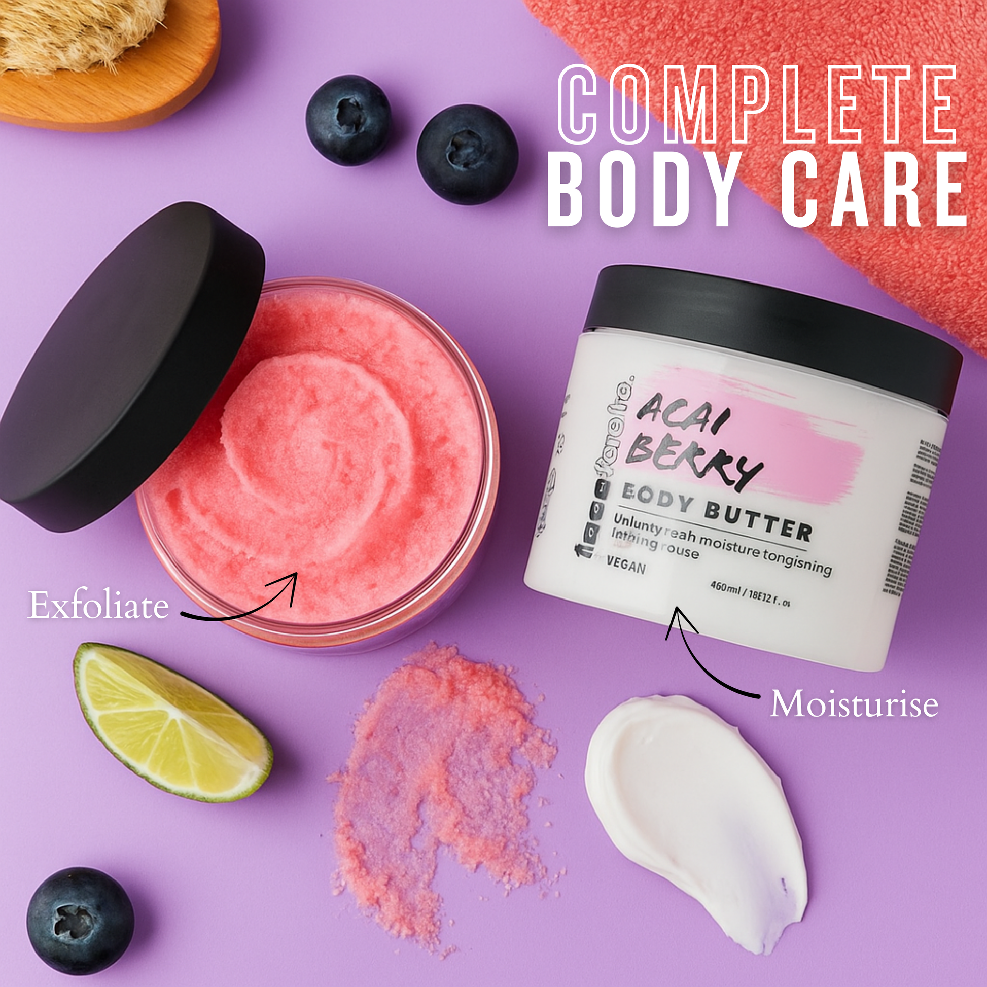 Acai berry body scrub and body butter showing exfoliating texture and moisturising cream for smooth hydrated skin