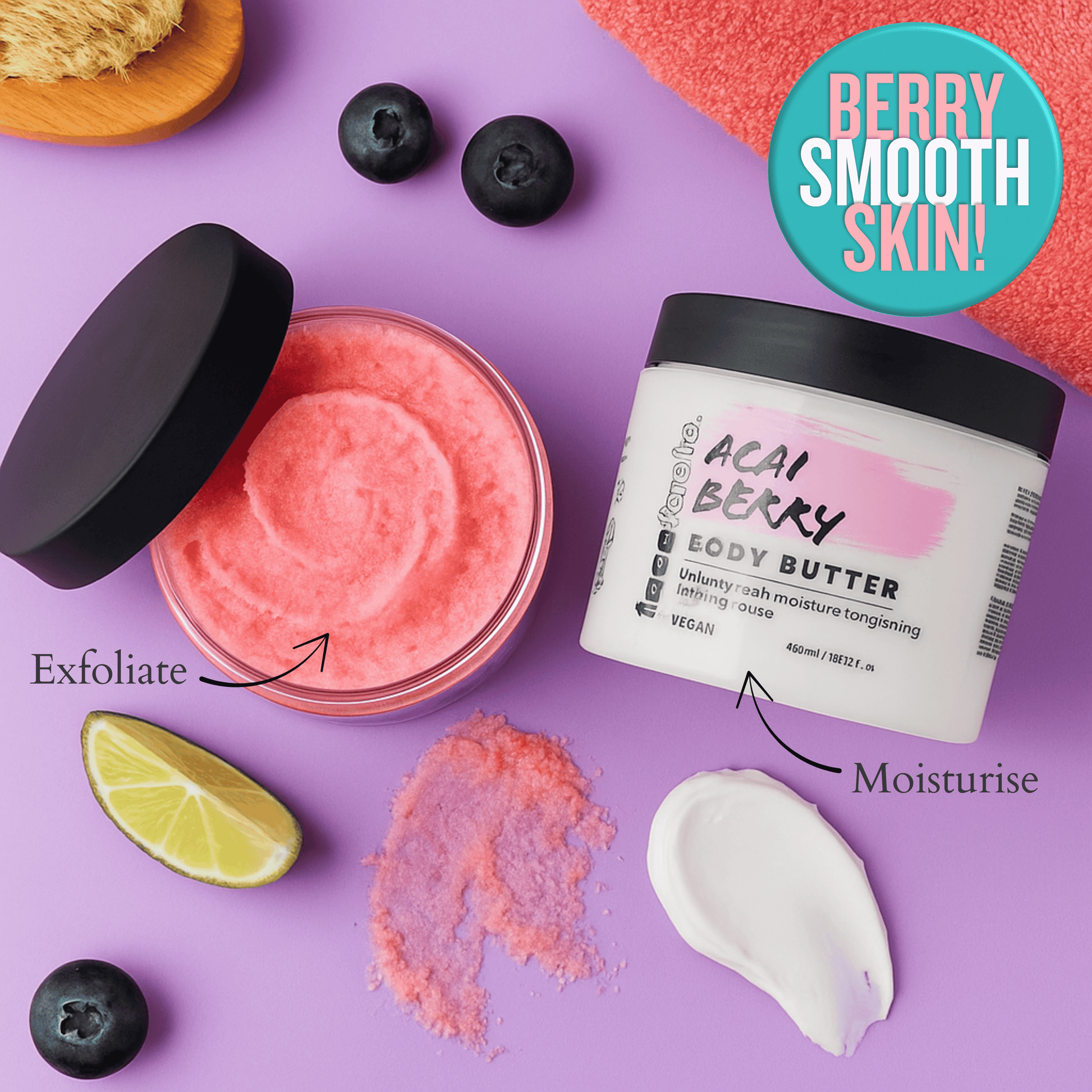 Acai berry body scrub and body butter textures showing exfoliating scrub and moisturising cream for smooth glowing skin