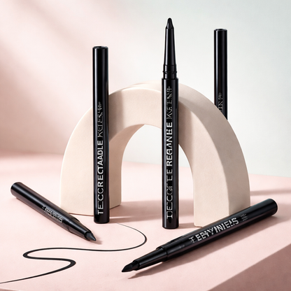 Black retractable eyeliner pencils displayed with minimal modern makeup styling