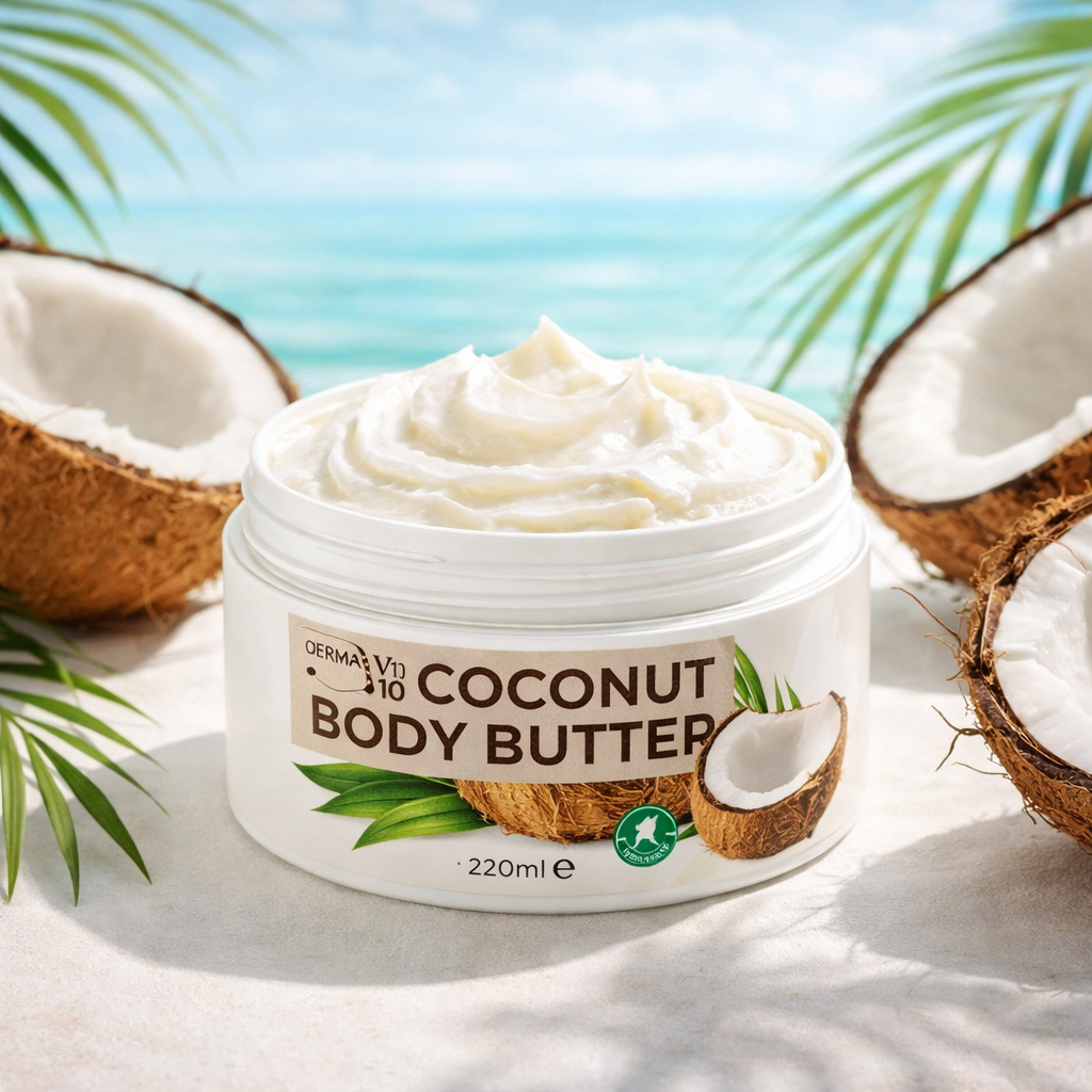 Coconut body butter moisturiser with rich creamy texture surrounded by coconut ingredients