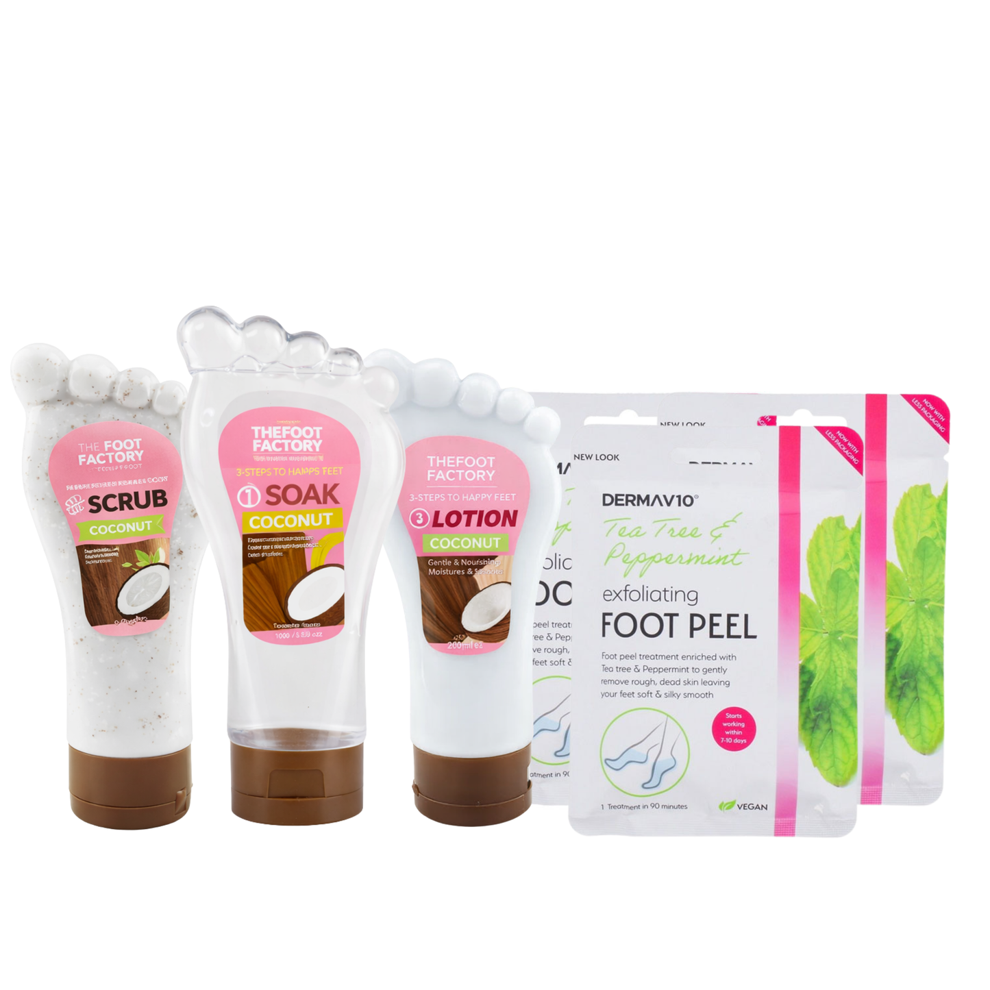 Coconut foot care set featuring foot scrub, hydrating foot soak, moisturising foot lotion and exfoliating foot peel mask