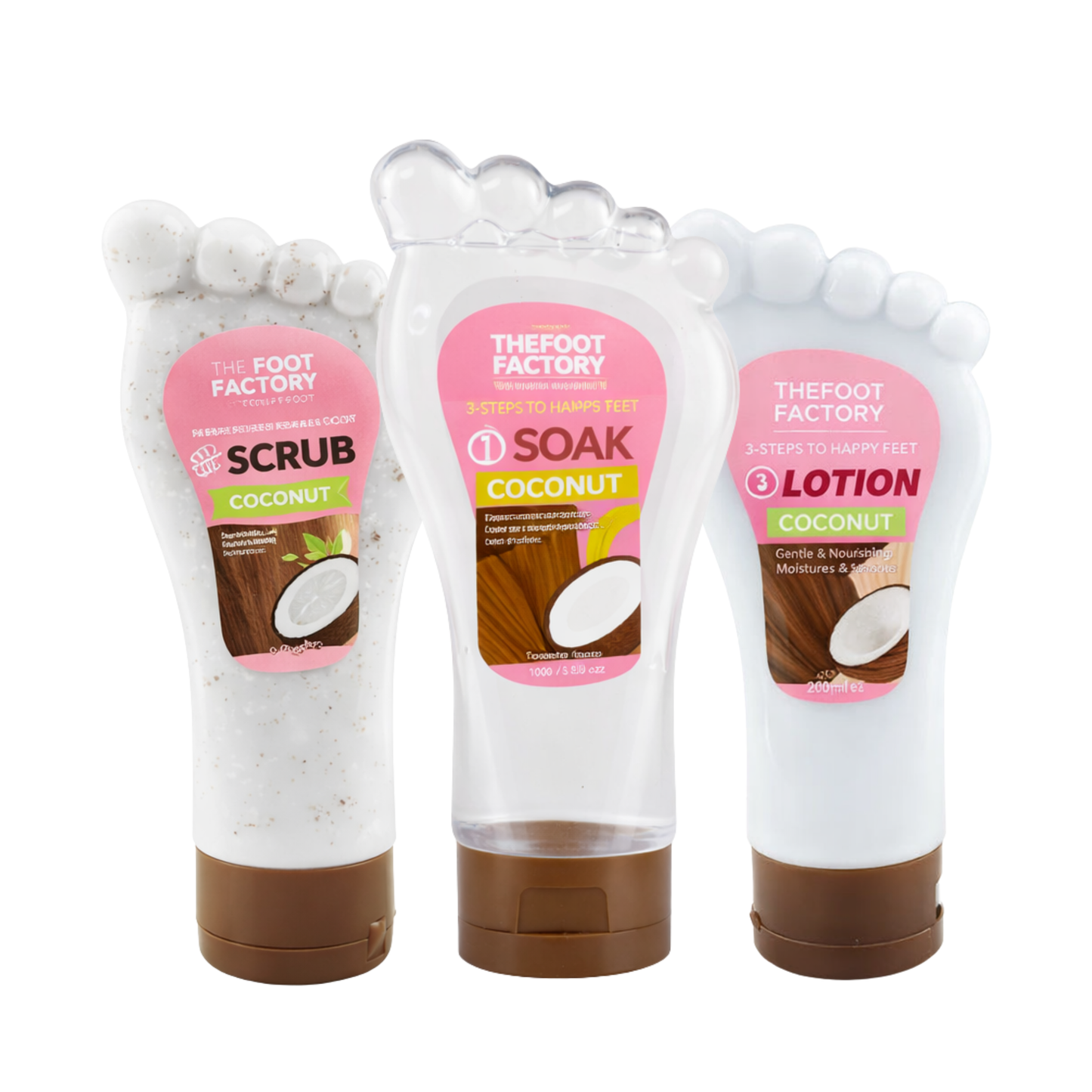 Coconut foot care set including foot scrub, hydrating foot soak and moisturising foot lotion for soft smooth feet