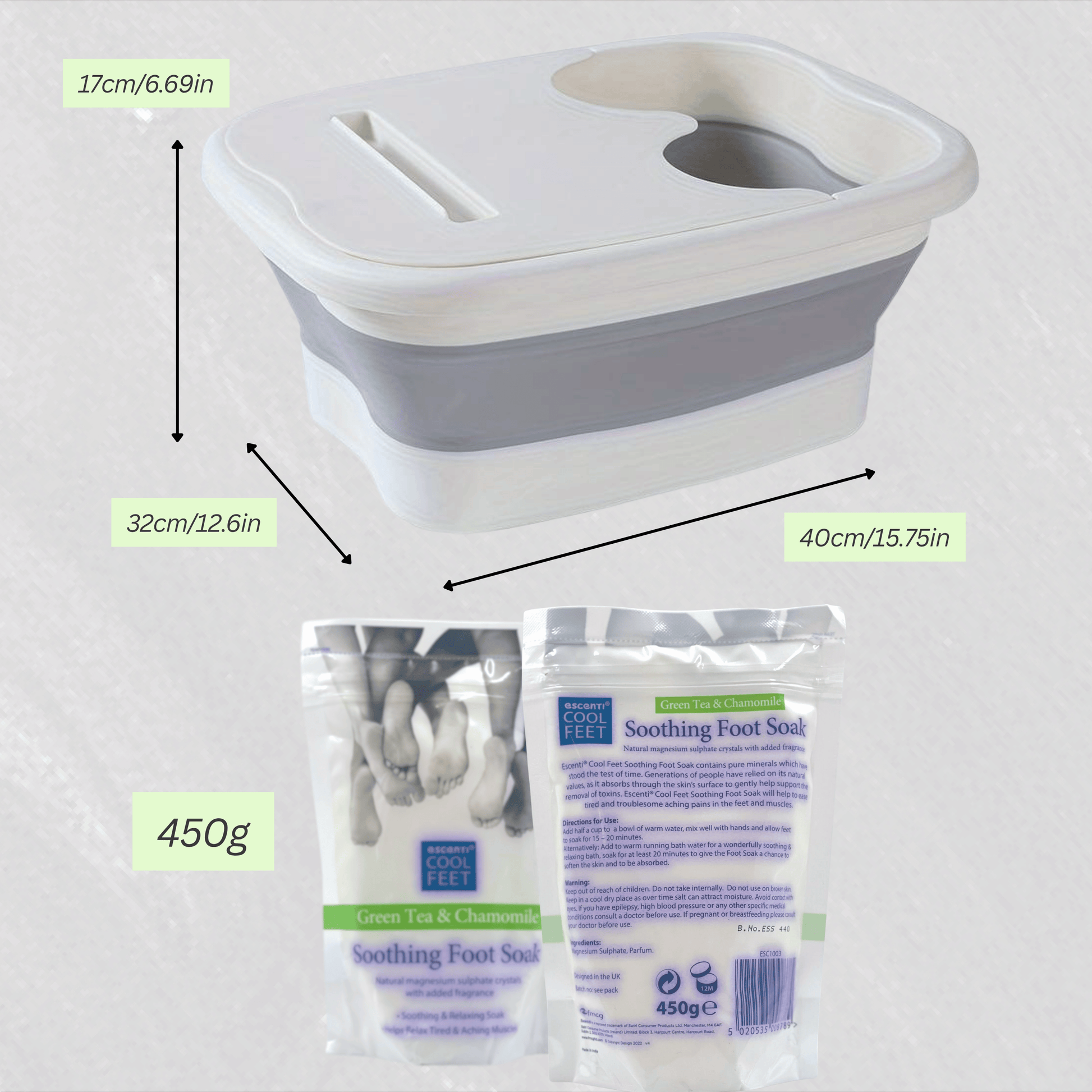 Collapsible foot spa bath size guide showing dimensions and compact foldable design for home use