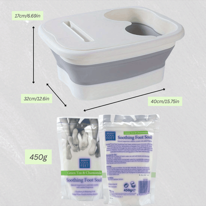 Collapsible foot spa bath size guide showing dimensions and compact foldable design for home use